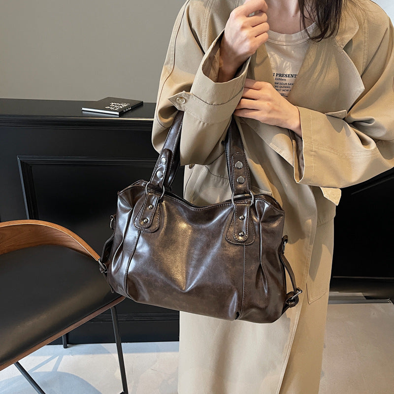 Casual Retro Solid Color PU Large Capacity Shoulder Bag